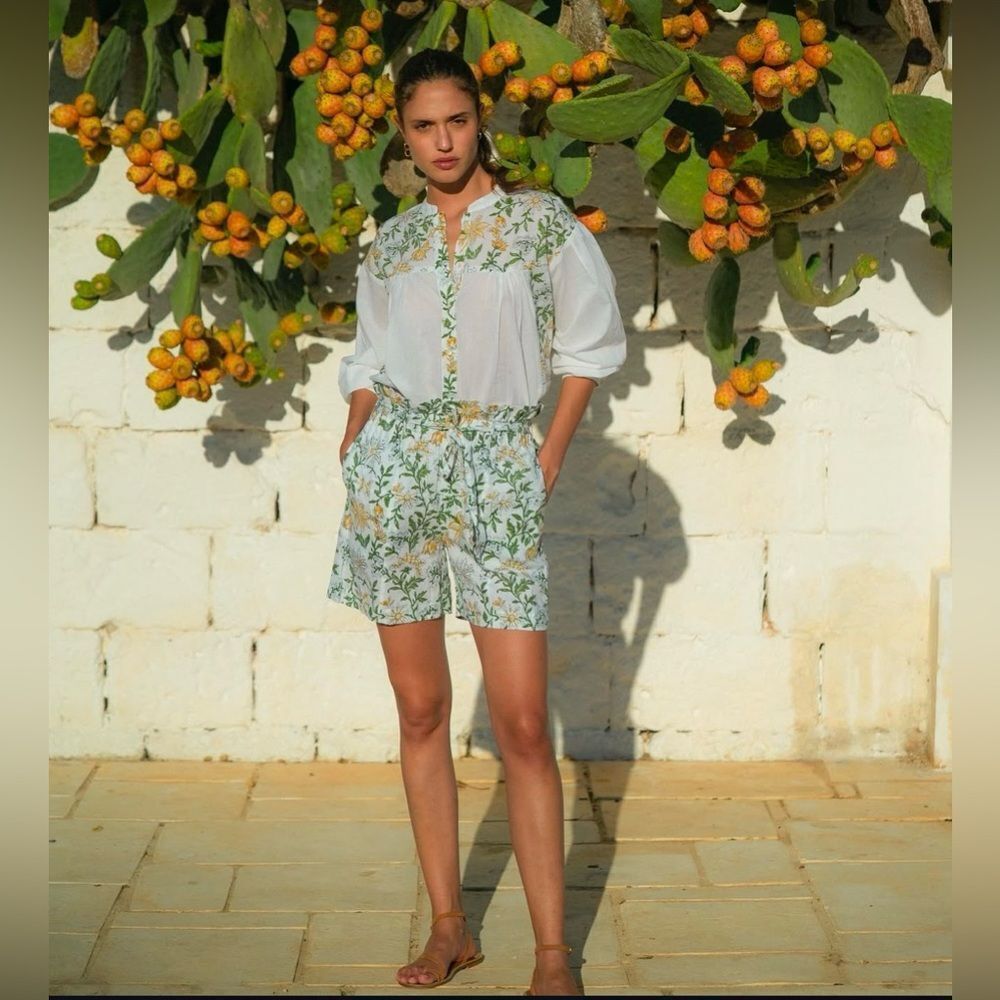 HANNAH Artwear Eos Floral Long Sleeve Cotton Blouse Top in Limoncello Sz US 4